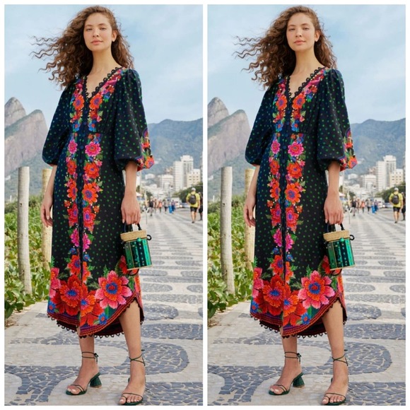 FARM Rio Dresses & Skirts - Farm Rio Blooming Garden Floral Maxi Dress Large Floral Linen Blend Button NEW
